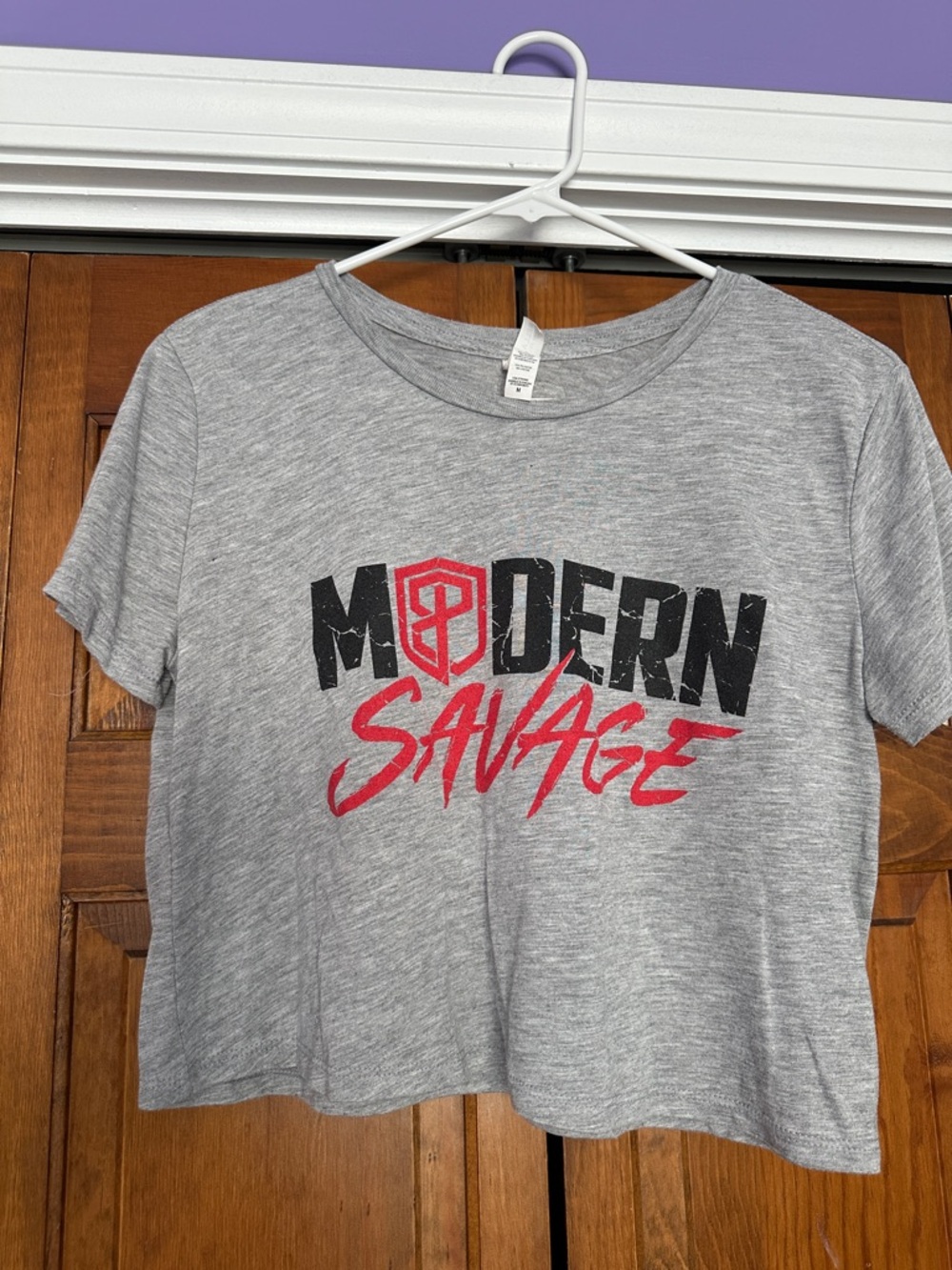 Modern Savage Graphic Crop Tee - Gray with Black & Red Print